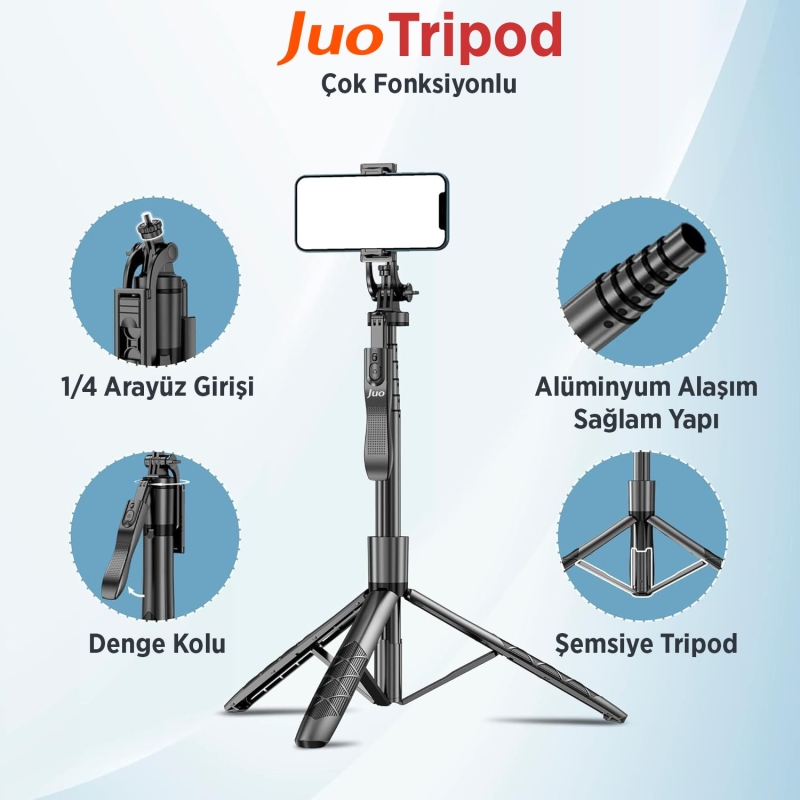 Juo JST40 Alüminyum Tripod Monopod Selfie Çubuğu Kumandalı Android iPhone GoPro Uyumlu - 3
