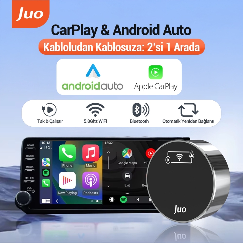 Juo Kablosuz CarPlay Android Auto Kabloludan Kablosuza Çevirici USB ve Type-C Adaptör - 2