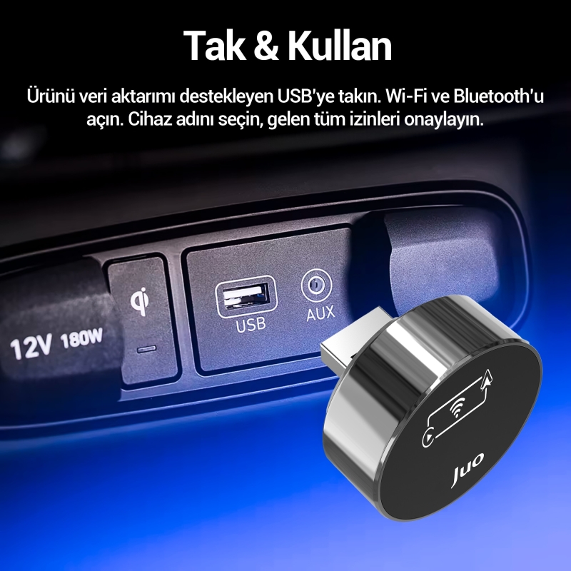 Juo Kablosuz CarPlay Android Auto Kabloludan Kablosuza Çevirici USB ve Type-C Adaptör - 4
