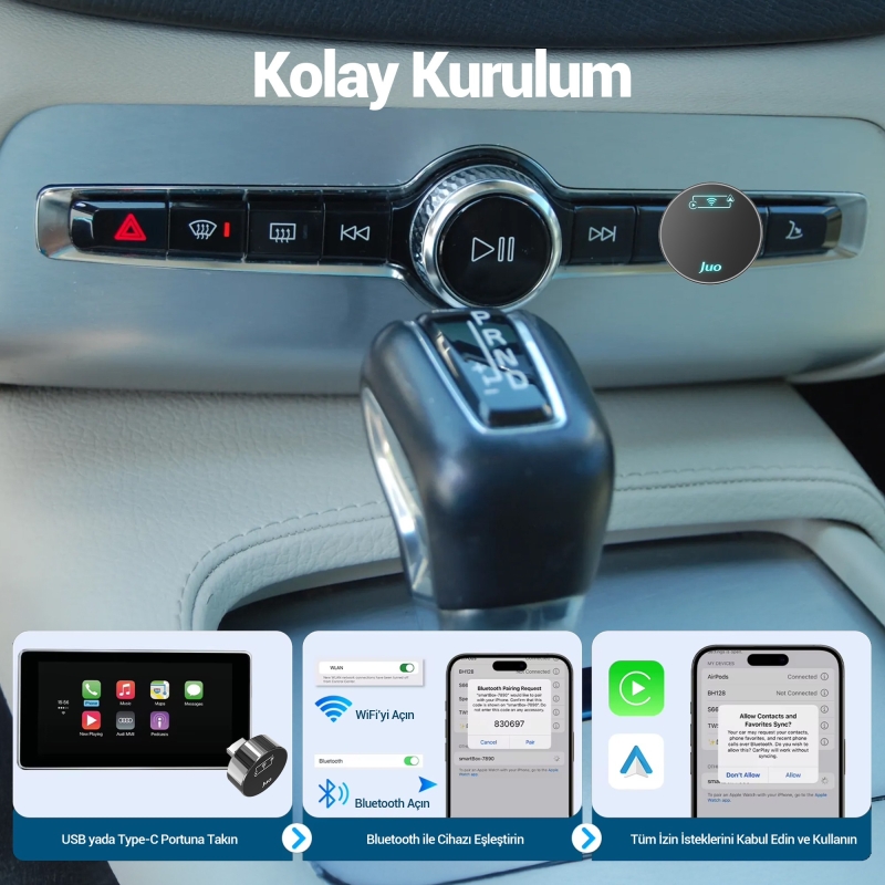 Juo Kablosuz CarPlay Android Auto Kabloludan Kablosuza Çevirici USB ve Type-C Adaptör - 9