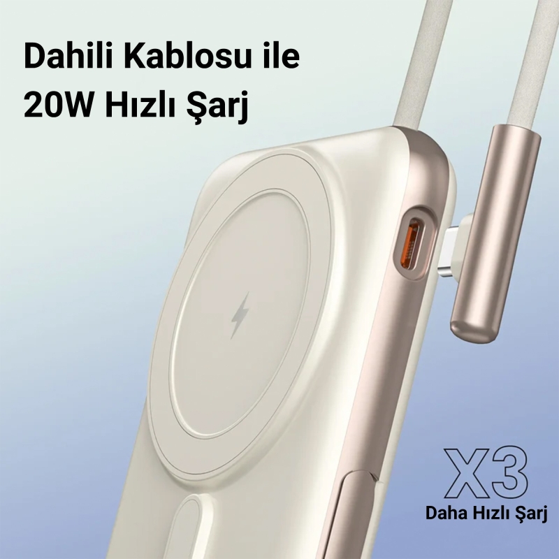Juo Magsafe Powerbank 10000mAh Standlı 20W Dahili Type-C Kablolu Taşınabilir Hızlı Şarj Cihazı Beyaz - 5