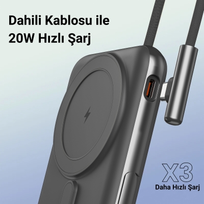 Juo Magsafe Powerbank 10000mAh Standlı 20W Dahili Type-C Kablolu Taşınabilir Hızlı Şarj Cihazı Siyah - 4