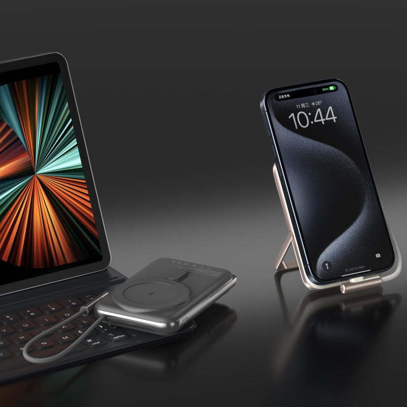 Juo Magsafe Powerbank 10000mAh Standlı 20W Dahili Type-C Kablolu Taşınabilir Hızlı Şarj Cihazı Siyah - 5