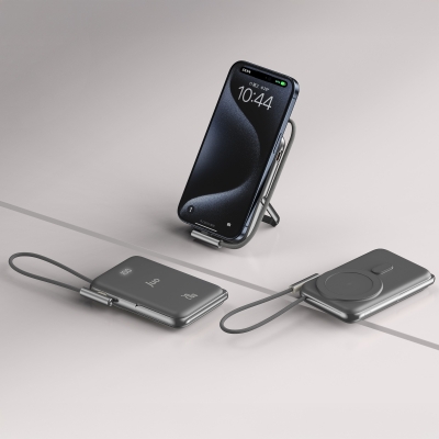 Juo Magsafe Powerbank 10000mAh Standlı 20W Dahili Type-C Kablolu Taşınabilir Hızlı Şarj Cihazı Siyah - 3