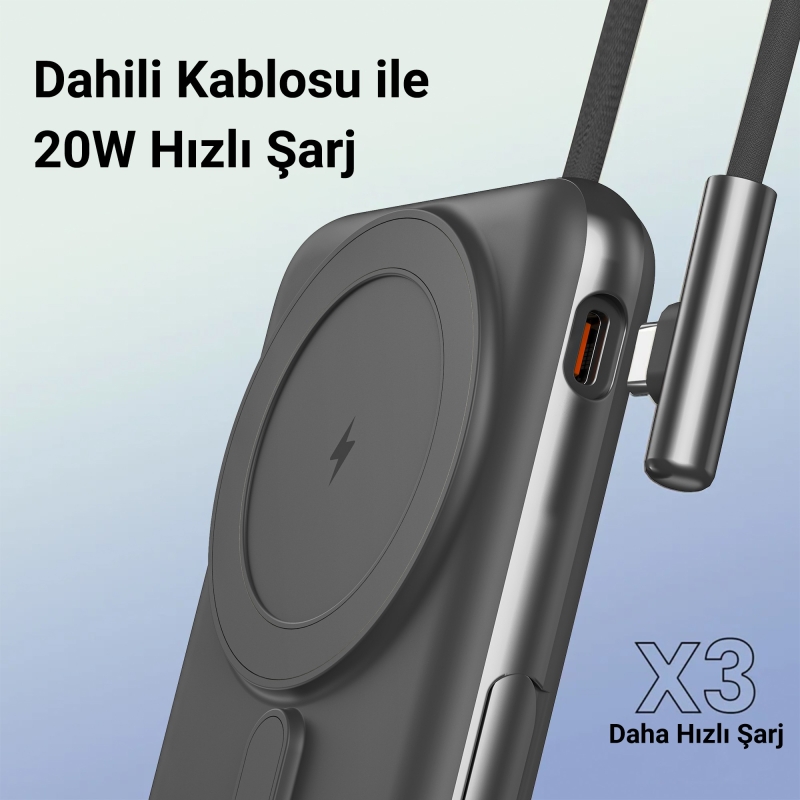 Juo Magsafe Powerbank 10000mAh Standlı 20W Dahili Type-C Kablolu Taşınabilir Hızlı Şarj Cihazı Siyah - 4