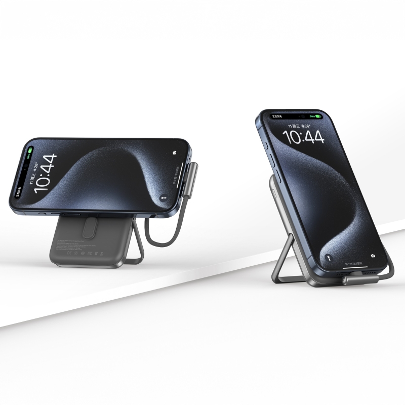 Juo Magsafe Powerbank 10000mAh Standlı 20W Dahili Type-C Kablolu Taşınabilir Hızlı Şarj Cihazı Siyah - 6