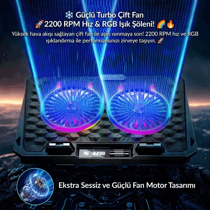 Juo Odin RGB Işıklı Gaming 2200RPM Çift Fan LED Display Laptop Notebook Soğutucu Stand - 2