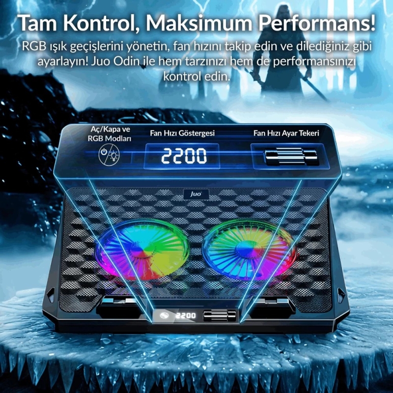 Juo Odin RGB Işıklı Gaming 2200RPM Çift Fan LED Display Laptop Notebook Soğutucu Stand - 3