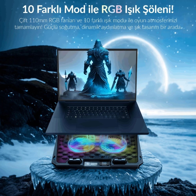 Juo Odin RGB Işıklı Gaming 2200RPM Çift Fan LED Display Laptop Notebook Soğutucu Stand - 5