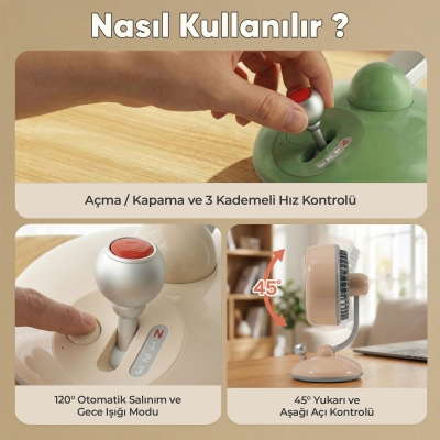 Juo Q3 120° Salınımlı 3 Kademeli LED Işıklı Şarjlı Masaüstü Fan Vantilatör Retro Bej - 8