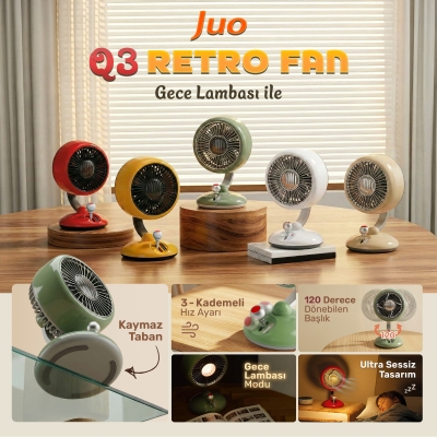 Juo Q3 120° Salınımlı 3 Kademeli LED Işıklı Şarjlı Masaüstü Fan Vantilatör Retro Bej - 2