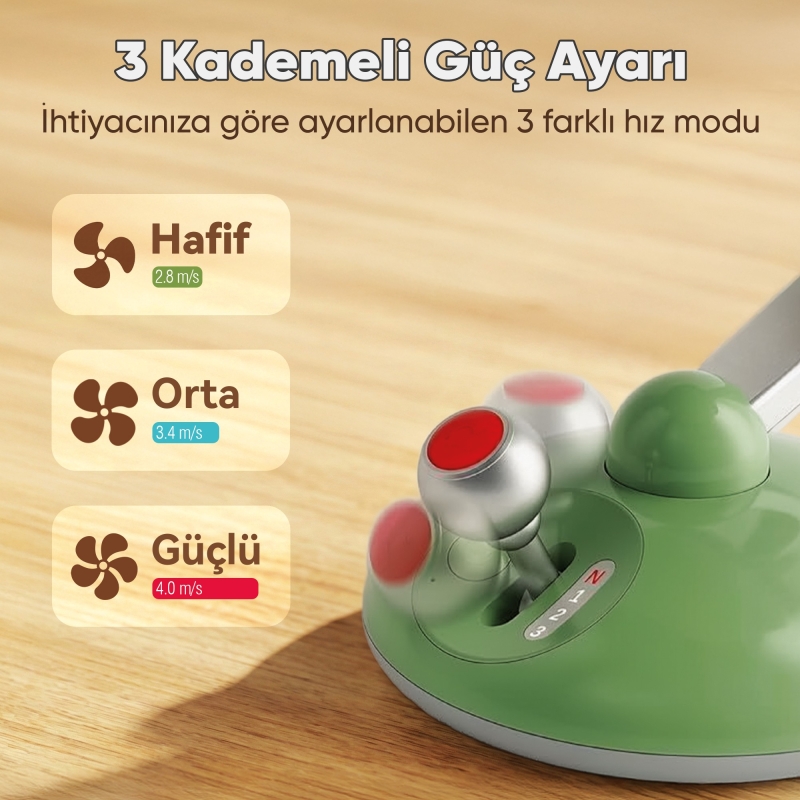 Juo Q3 120° Salınımlı 3 Kademeli LED Işıklı Şarjlı Masaüstü Fan Vantilatör Retro Bej - 3