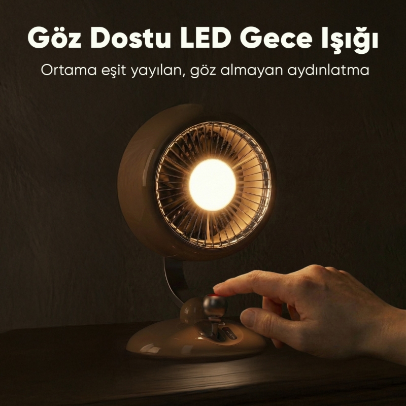 Juo Q3 120° Salınımlı 3 Kademeli LED Işıklı Şarjlı Masaüstü Fan Vantilatör Retro Bej - 7