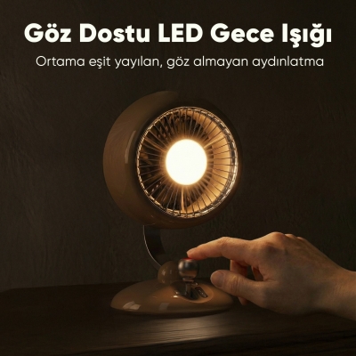 Juo Q3 120° Salınımlı 3 Kademeli LED Işıklı Şarjlı Masaüstü Fan Vantilatör Retro Beyaz - 7