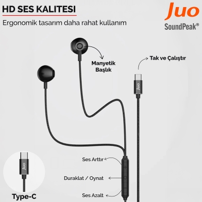 Juo Type-C Mikrofonlu Kablolu Kulak İçi Kulaklık Metal DAC Çip Destekli ENC Gürültü Engelleme - 2