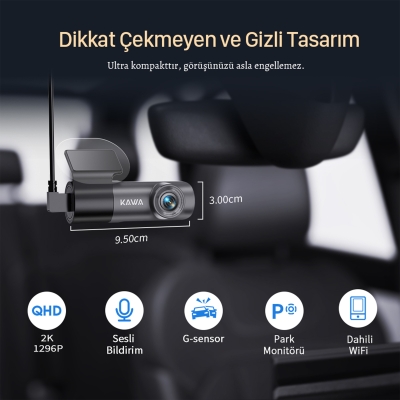 Kawa D5 Gen2 2K 1296P WiFi 145° Geniş Açı Lens Gece Görüşlü 32GB Hafıza Kartlı Akıllı Araç Kamerası - 8