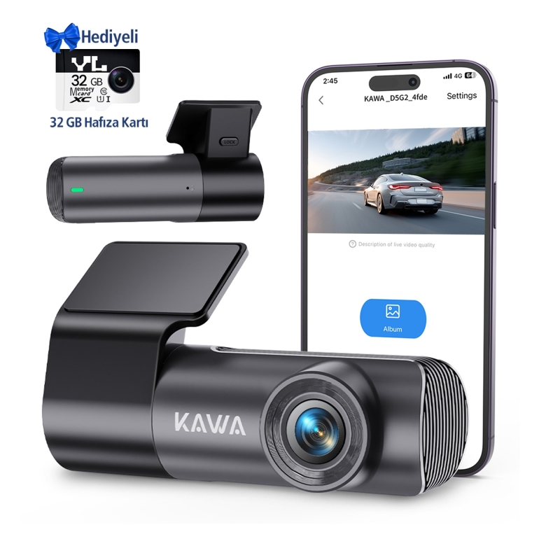 Kawa D5 Gen2 2K 1296P WiFi 145° Geniş Açı Lens Gece Görüşlü 32GB Hafıza Kartlı Akıllı Araç Kamerası - 2