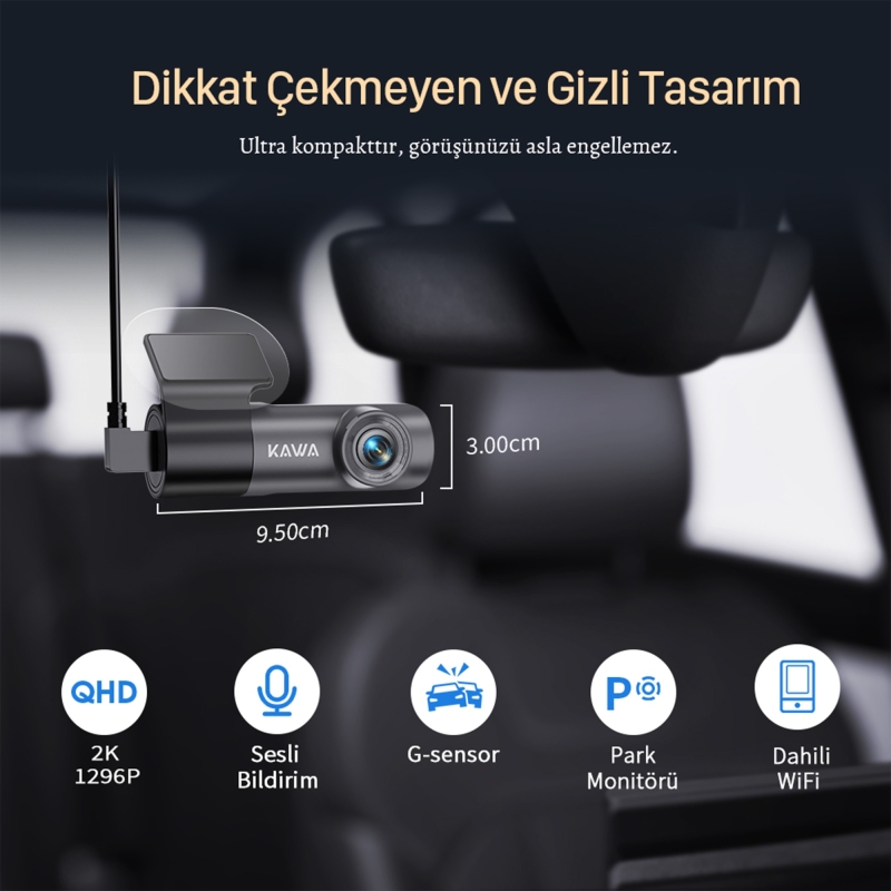 Kawa D5 Gen2 2K 1296P WiFi 145° Geniş Açı Lens Gece Görüşlü 32GB Hafıza Kartlı Akıllı Araç Kamerası - 8