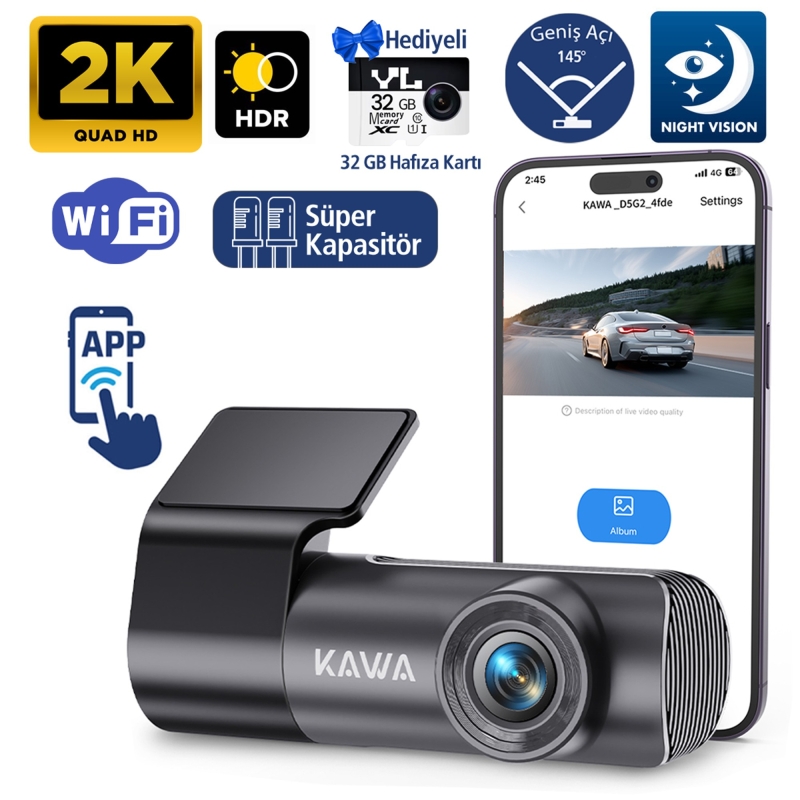Kawa D5 Gen2 2K 1296P WiFi 145° Geniş Açı Lens Gece Görüşlü 32GB Hafıza Kartlı Akıllı Araç Kamerası - 1