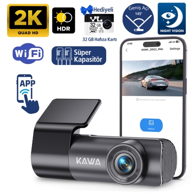 Kawa D5 Gen2 2K 1296P WiFi 145° Geniş Açı Lens Gece Görüşlü 32GB Hafıza Kartlı Akıllı Araç Kamerası - Kawa