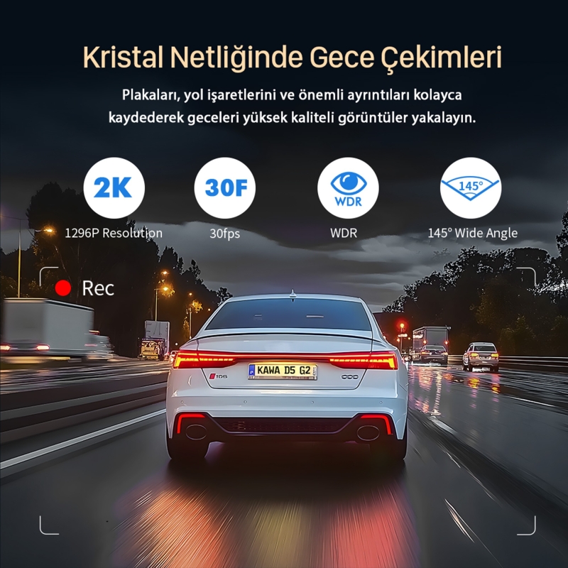 Kawa D5 Gen2 2K 1296P WiFi 145° Geniş Açı Lens Gece Görüşlü 32GB Hafıza Kartlı Akıllı Araç Kamerası - 5