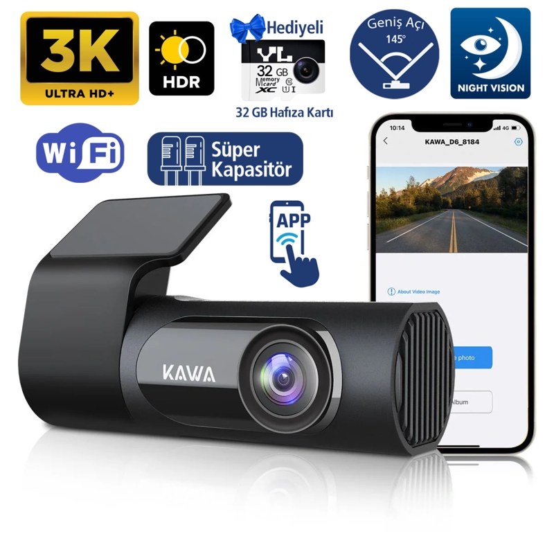 Kawa D6 3K 1620P WDR WiFi 145° Geniş Açı Lens Araç Kamerası + 32GB Hafıza Kartı - 1