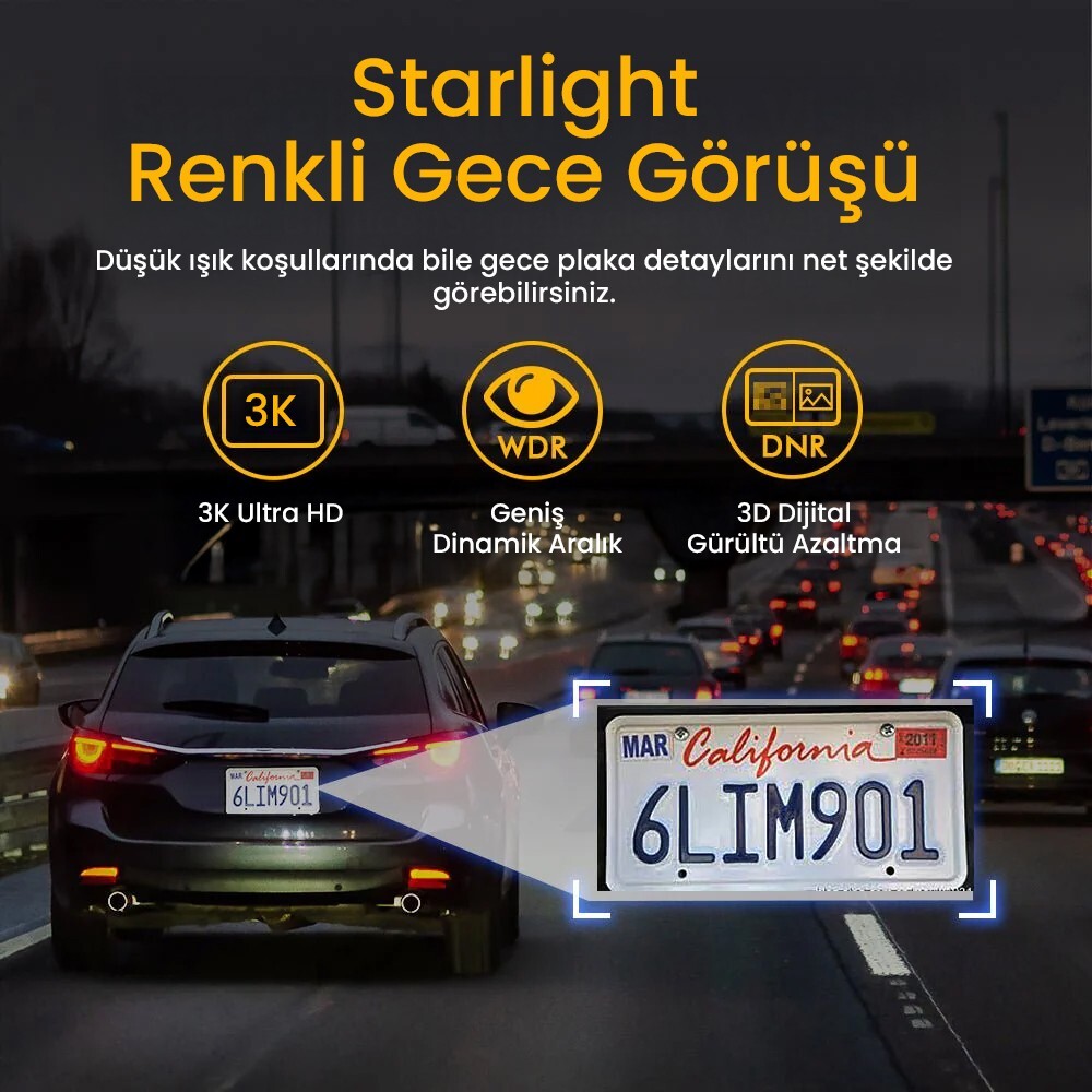 Kawa D6 3K 1620P WDR WiFi 145° Geniş Açı Lens Araç Kamerası + 32GB