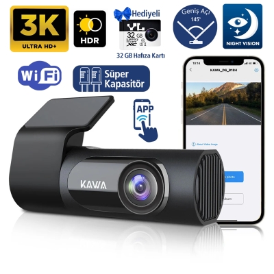 Kawa D6 3K 1620P WDR WiFi 145° Geniş Açı Lens Araç Kamerası + 32GB Hafıza Kartı - Kawa