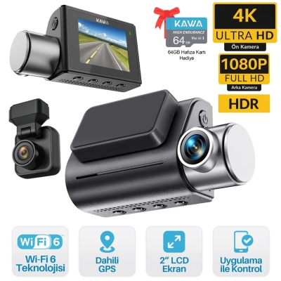 Kawa D7 2 Kameralı Ön ve Arka 4K+1080P HDR Wi-Fi 6 ve GPS'li Araç Kamerası + 64GB Hafıza Kartı - Kawa