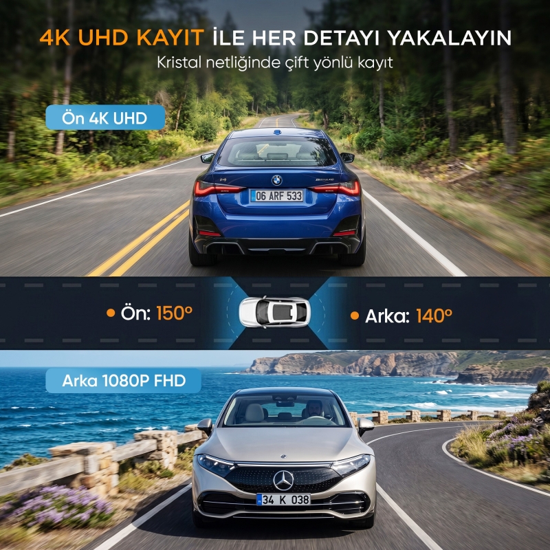 Kawa D9 2 Kameralı Ön+Arka 4K+1080P HDR Wi-Fi GPS'li Gece Görüşlü Araç Kamerası + 64GB Hafıza Kartı - 3