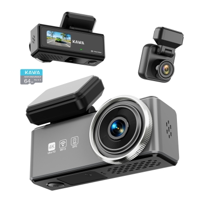 Kawa D9 2 Kameralı Ön+Arka 4K+1080P HDR Wi-Fi GPS'li Gece Görüşlü Araç Kamerası + 64GB Hafıza Kartı - Kawa