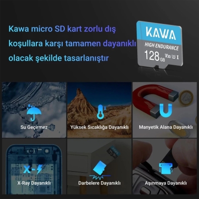 Kawa High Endurance U3 V30 100MB/s Okuma 40MB/s Yazma 128GB Micro SD Hafıza Kartı - 4