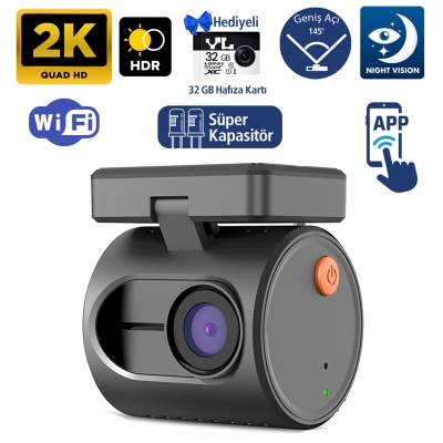 Kawa Mini 3 Gen2 2K 1296P WiFi 145° Geniş Açı Gece Görüşlü 32GB Hafıza Kartlı Akıllı Araç Kamerası - Kawa