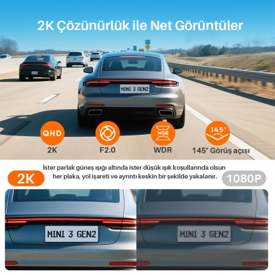 Kawa Mini 3 Gen2 2K 1296P WiFi 145° Geniş Açı Gece Görüşlü 32GB Hafıza Kartlı Akıllı Araç Kamerası - 5