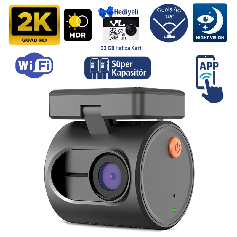 Kawa Mini 3 Gen2 2K 1296P WiFi 145° Geniş Açı Gece Görüşlü 32GB Hafıza Kartlı Akıllı Araç Kamerası - 1