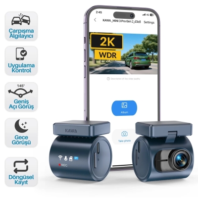Kawa Mini 3 Pro Gen2 2K 1296P WDR 145° Geniş Açı Lens Araç Kamerası + 32GB Hafıza Kartı - Kawa