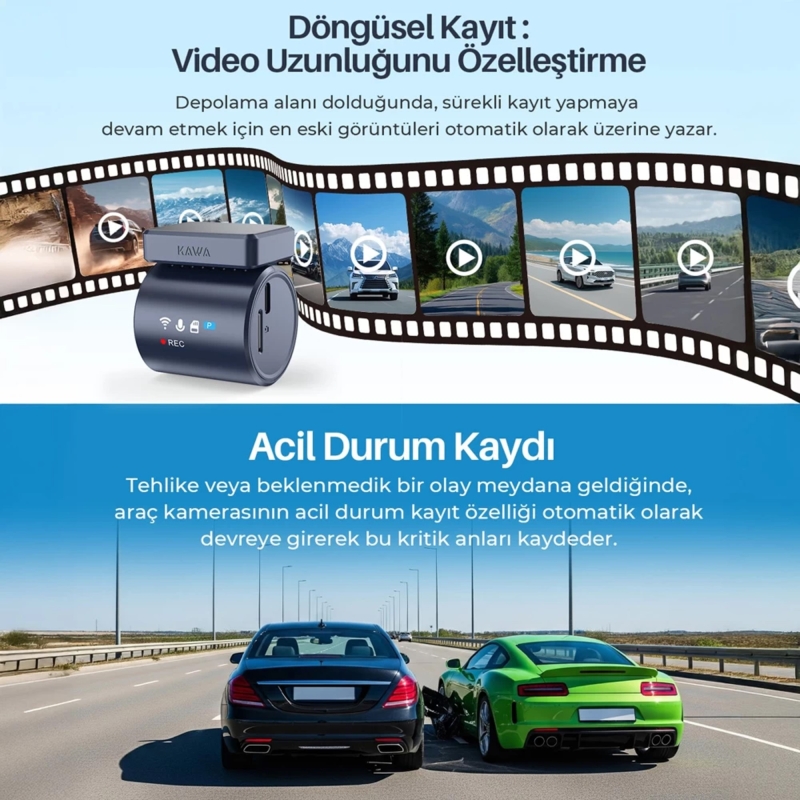 Kawa Mini 3 Pro Gen2 2K 1296P WDR 145° Geniş Açı Lens Araç Kamerası + 32GB Hafıza Kartı - 7