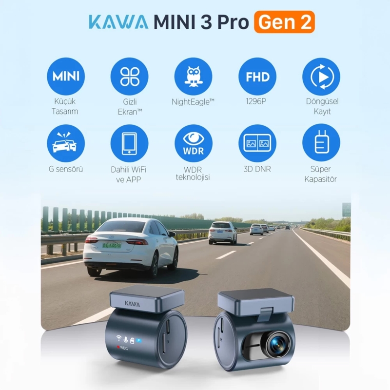 Kawa Mini 3 Pro Gen2 2K 1296P WDR 145° Geniş Açı Lens Araç Kamerası + 32GB Hafıza Kartı - 10