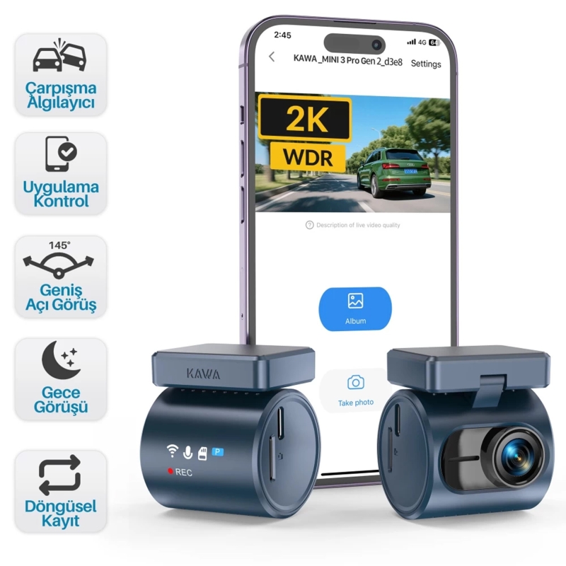 Kawa Mini 3 Pro Gen2 2K 1296P WDR 145° Geniş Açı Lens Araç Kamerası + 32GB Hafıza Kartı - 1