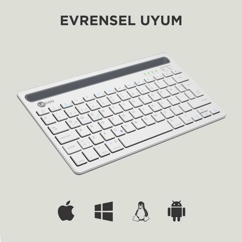 Lecoo BK100 Kablosuz Bluetooth Çoklu Cihaz ile Uyumlu Şarj Edilebilir,Telefon/Tablet Tutucu QWERTY Türkçe Q Klavye Beyaz - 3