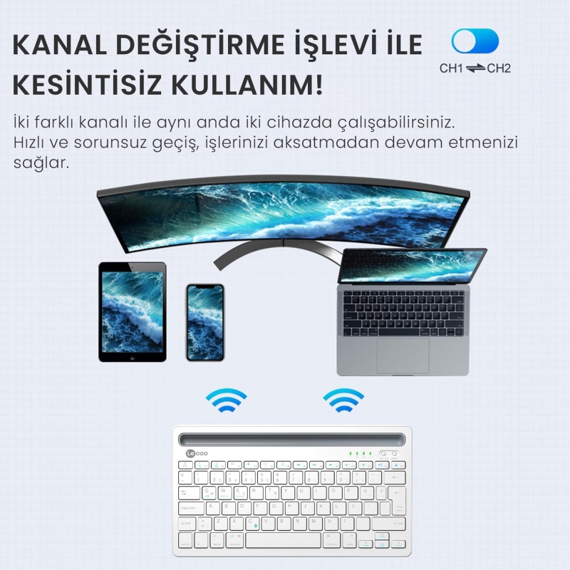 Lecoo BK100 Kablosuz Bluetooth Çoklu Cihaz ile Uyumlu Şarj Edilebilir,Telefon/Tablet Tutucu QWERTY Türkçe Q Klavye Beyaz - 2