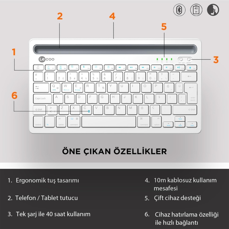 Lecoo BK100 Kablosuz Bluetooth Çoklu Cihaz ile Uyumlu Şarj Edilebilir,Telefon/Tablet Tutucu QWERTY Türkçe Q Klavye Beyaz - 4