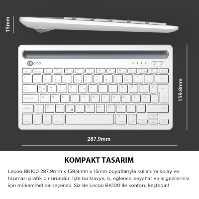 Lecoo BK100 Kablosuz Bluetooth Çoklu Cihaz ile Uyumlu Şarj Edilebilir,Telefon/Tablet Tutucu QWERTY Türkçe Q Klavye Beyaz - 5