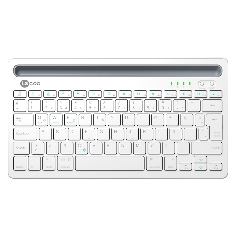 Lecoo BK100 Kablosuz Bluetooth Çoklu Cihaz ile Uyumlu Şarj Edilebilir,Telefon/Tablet Tutucu QWERTY Türkçe Q Klavye Beyaz - 1