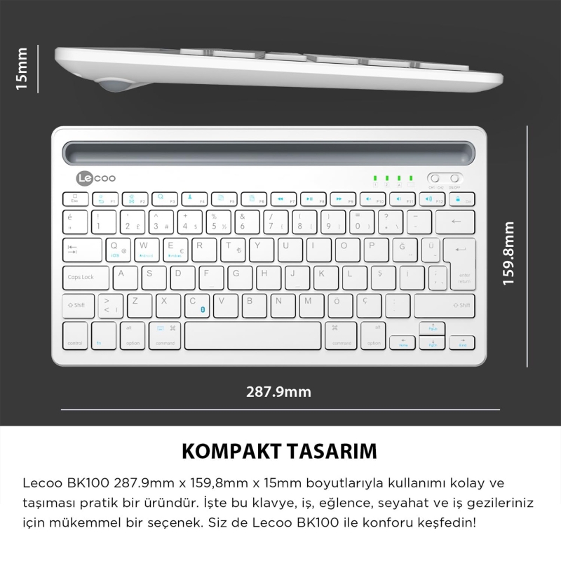 Lecoo BK100 Kablosuz Bluetooth Çoklu Cihaz ile Uyumlu Şarj Edilebilir,Telefon/Tablet Tutucu QWERTY Türkçe Q Klavye Beyaz - 5