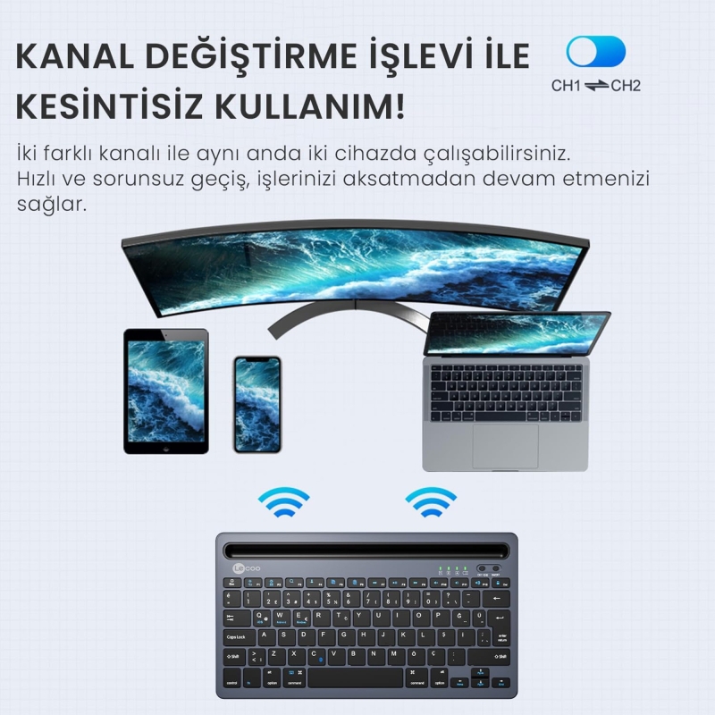 Lecoo BK100 Kablosuz Bluetooth Çoklu Cihaz ile Uyumlu Şarj Edilebilir Türkçe Q Klavye Gri - 2