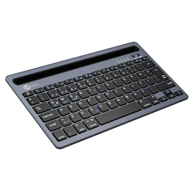 Lecoo BK100 Kablosuz Bluetooth Çoklu Cihaz ile Uyumlu Şarj Edilebilir,Telefon/Tablet Tutucu QWERTY Türkçe Q Klavye Gri - 7