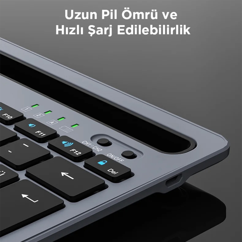 Lecoo BK100 Kablosuz Bluetooth Çoklu Cihaz ile Uyumlu Şarj Edilebilir,Telefon/Tablet Tutucu QWERTY Türkçe Q Klavye Gri - 3