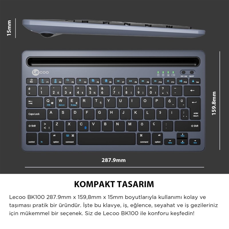 Lecoo BK100 Kablosuz Bluetooth Çoklu Cihaz ile Uyumlu Şarj Edilebilir,Telefon/Tablet Tutucu QWERTY Türkçe Q Klavye Gri - 6