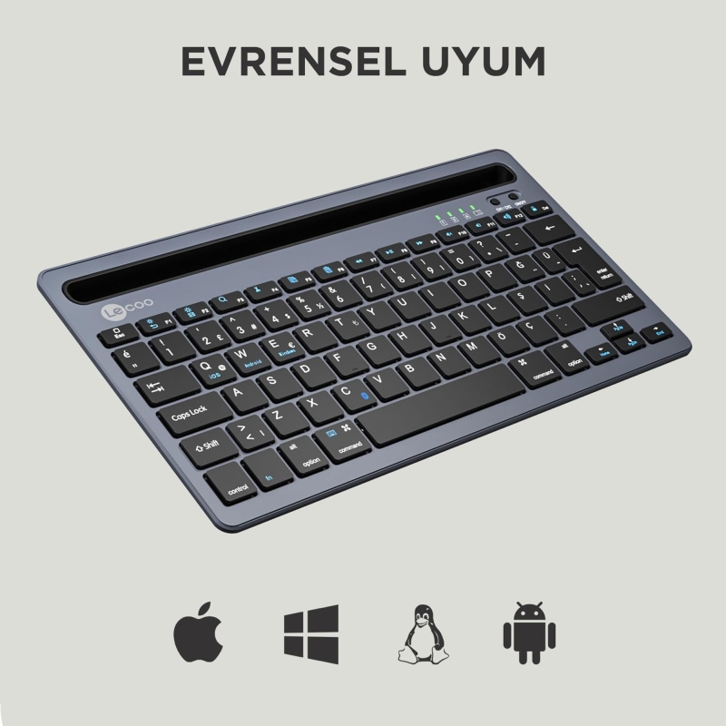 Lecoo BK100 Kablosuz Bluetooth Çoklu Cihaz ile Uyumlu Şarj Edilebilir,Telefon/Tablet Tutucu QWERTY Türkçe Q Klavye Gri - 4